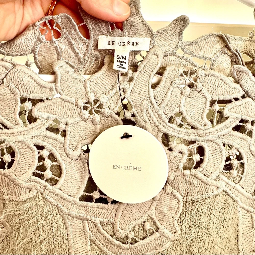En Creme‎ Eyelash Knit Sweater Sage Green Crochet Lace Yoke Boho S/M NEW